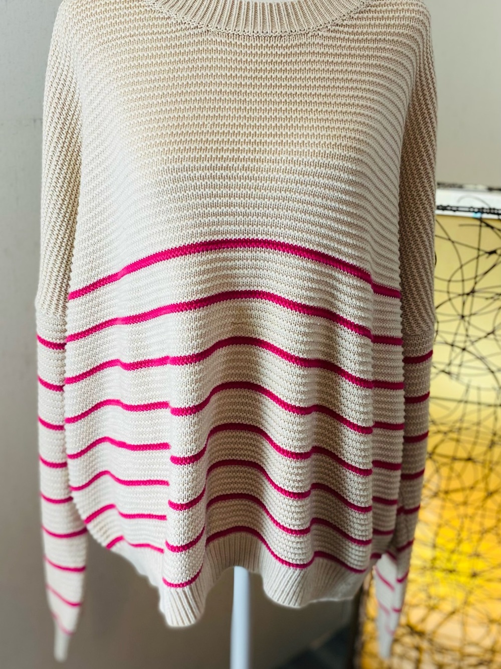Relaxed Cream Crewneck Sweater with Pink Stripe Detail